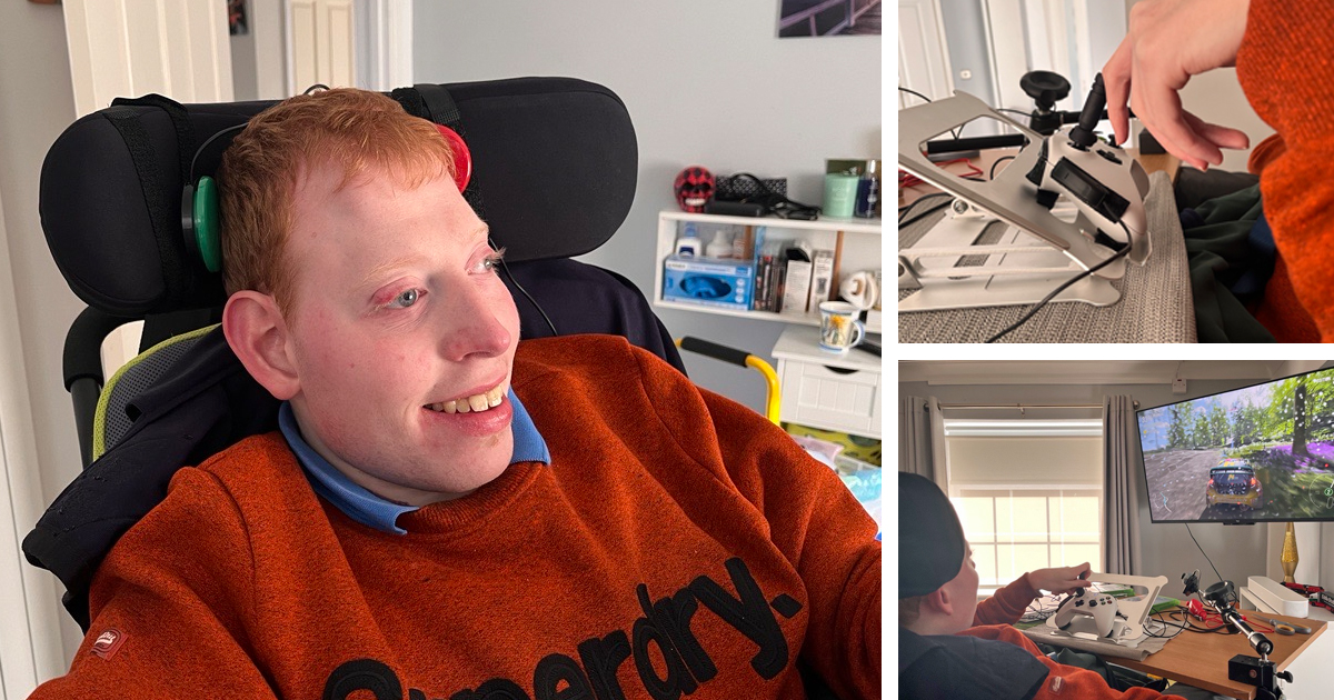 Smiling young man in wheelchair using an adapted gaming setup including two head switches