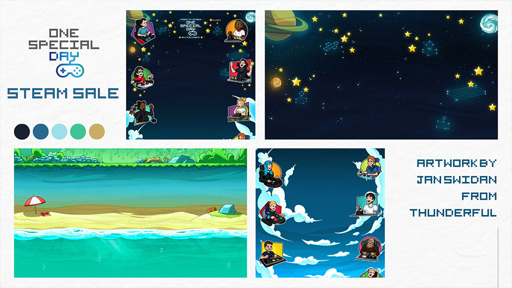 Montage of four graphics of landscapes and cartoon gamers