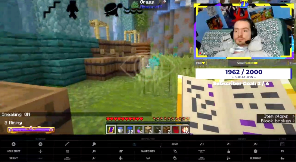 Minecraft screenshot with Kareem in upper right corner and an EyeMine overlay grid at the bottom