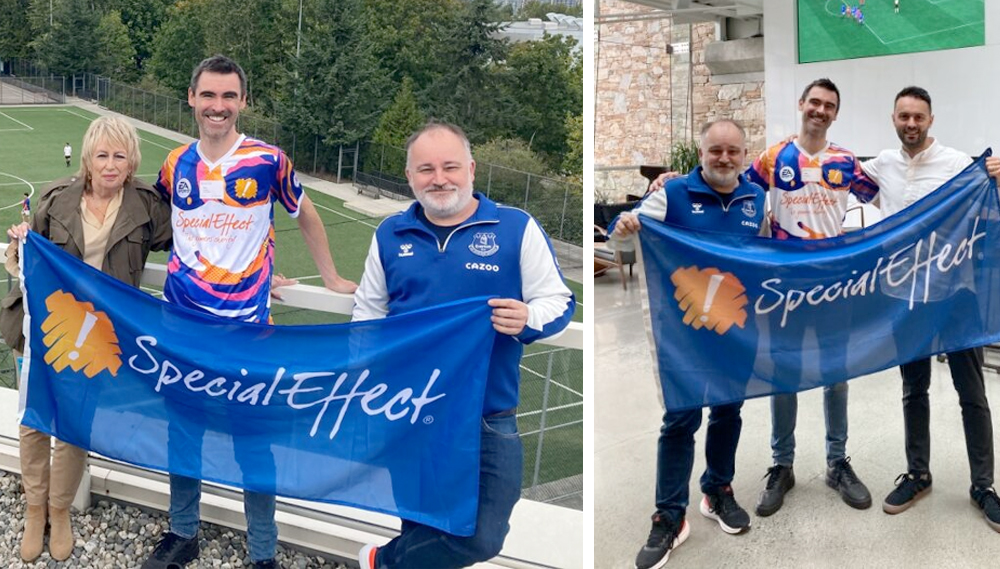 Two images of three people holding a flag in a sports and office environment